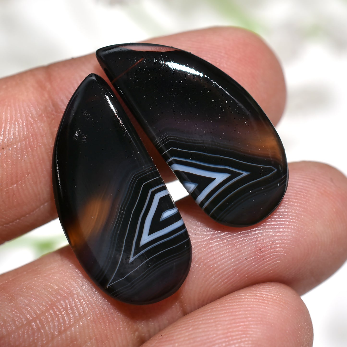 Natural Black Banded Agate Gemstones Pair – Striking Chevron Patterned Cabochons