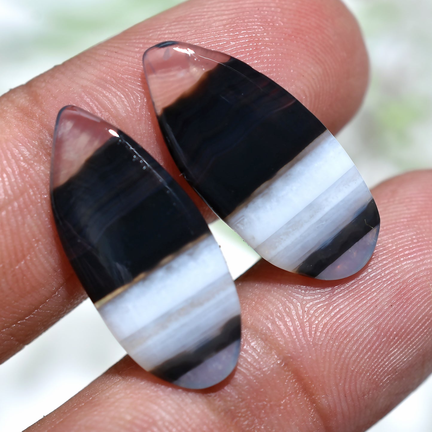Teardrop Shaped Black Banded Agate Pair – Natural Gemstones with Striking Stripes