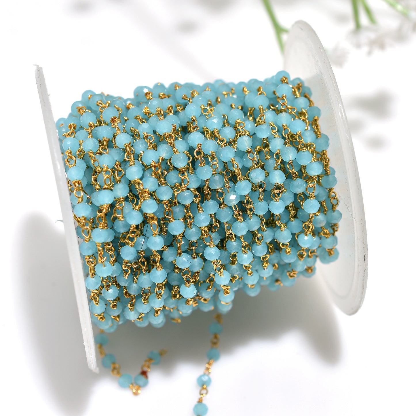 Handcrafted Blue Chalcedony Hydro Faceted Gemstone Beads Rosary Chain Gold Plated Linking Chains for DIY Crafts