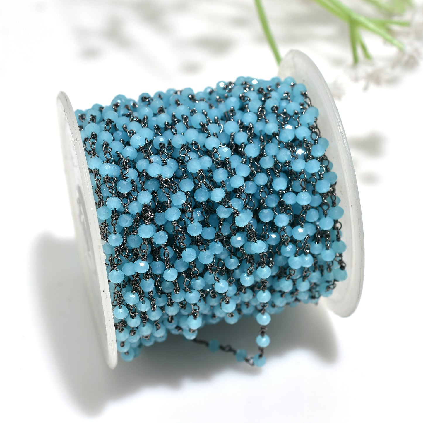 Elegant Blue Chalcedony Hydro Faceted Beads Rosary Chain Black Metal Plated Gemstone Links for Custom Jewelry Creations
