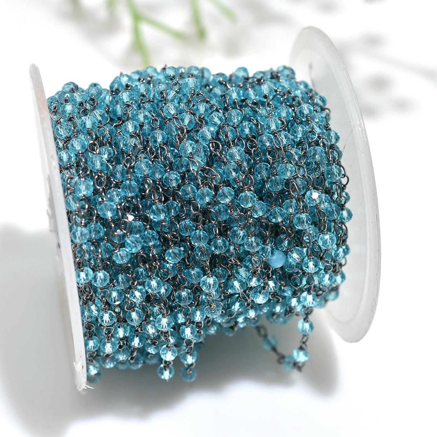 Blue Topaz Hydro Rondelle Rosary Chain Wire Wrapped Black Metal Plated Stone Beaded Chain for Jewelry Making