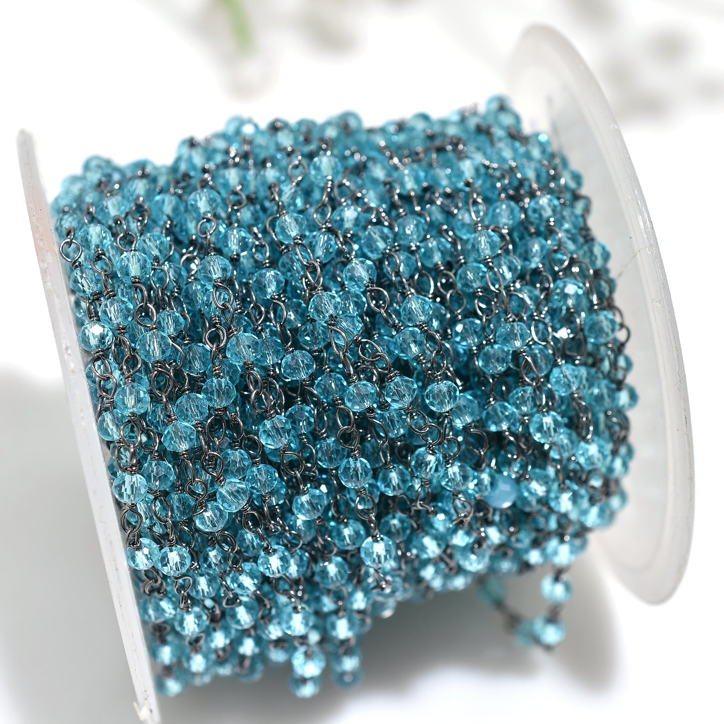 Blue Topaz Hydro Rondelle Rosary Chain Wire Wrapped Black Metal Plated Stone Beaded Chain for Jewelry Making