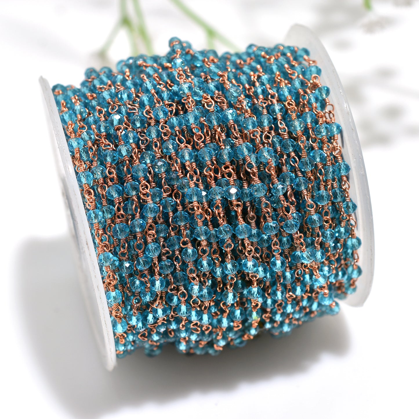 Elegant Blue Topaz Hydro Beaded Rosary Chain - Wholesale Rose Gold Metal Tiny Stone Linking Chain Lot