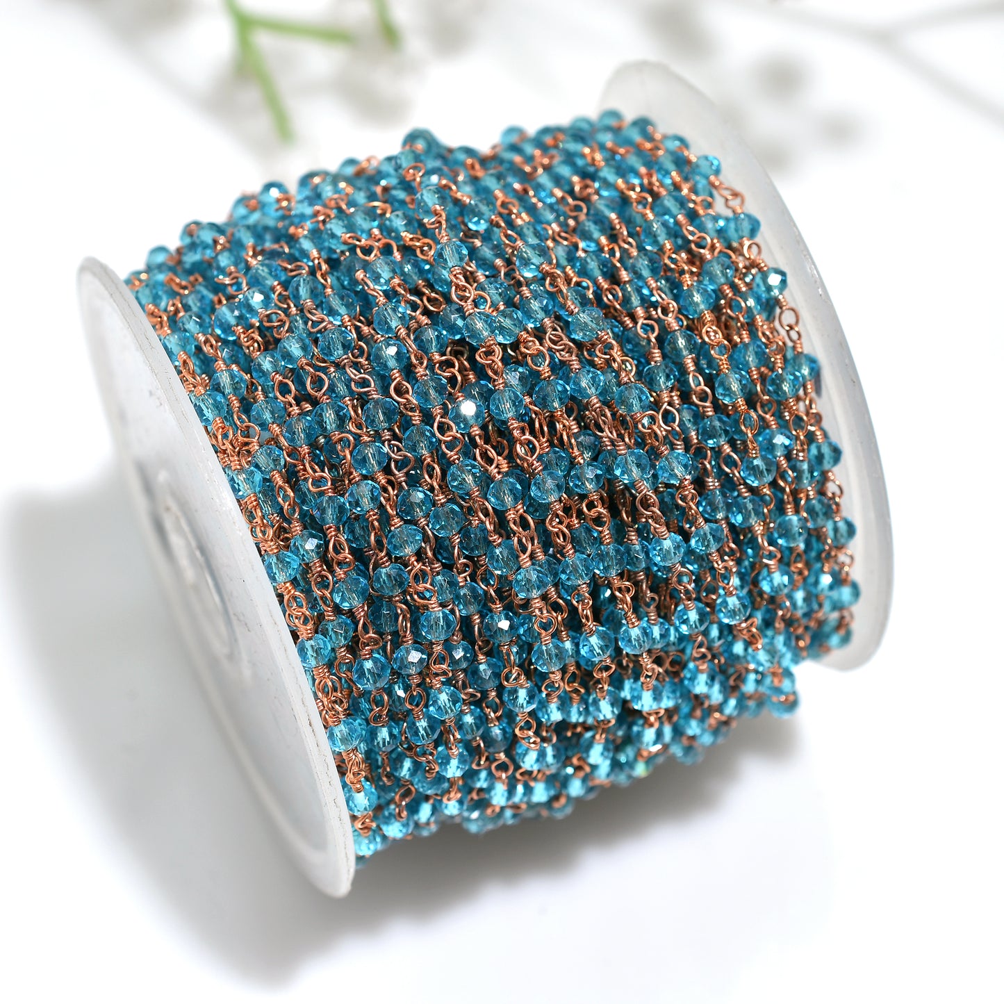 Elegant Blue Topaz Hydro Beaded Rosary Chain - Wholesale Rose Gold Metal Tiny Stone Linking Chain Lot