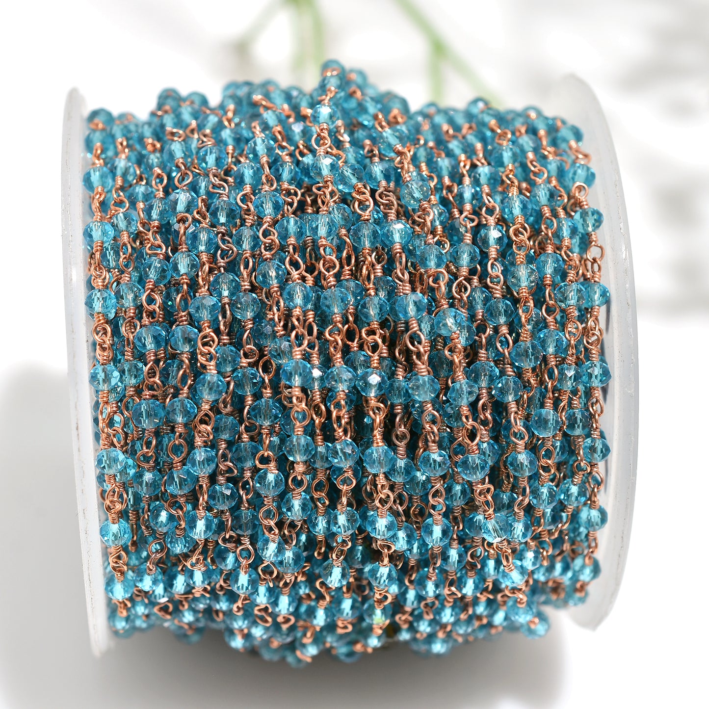 Elegant Blue Topaz Hydro Beaded Rosary Chain - Wholesale Rose Gold Metal Tiny Stone Linking Chain Lot
