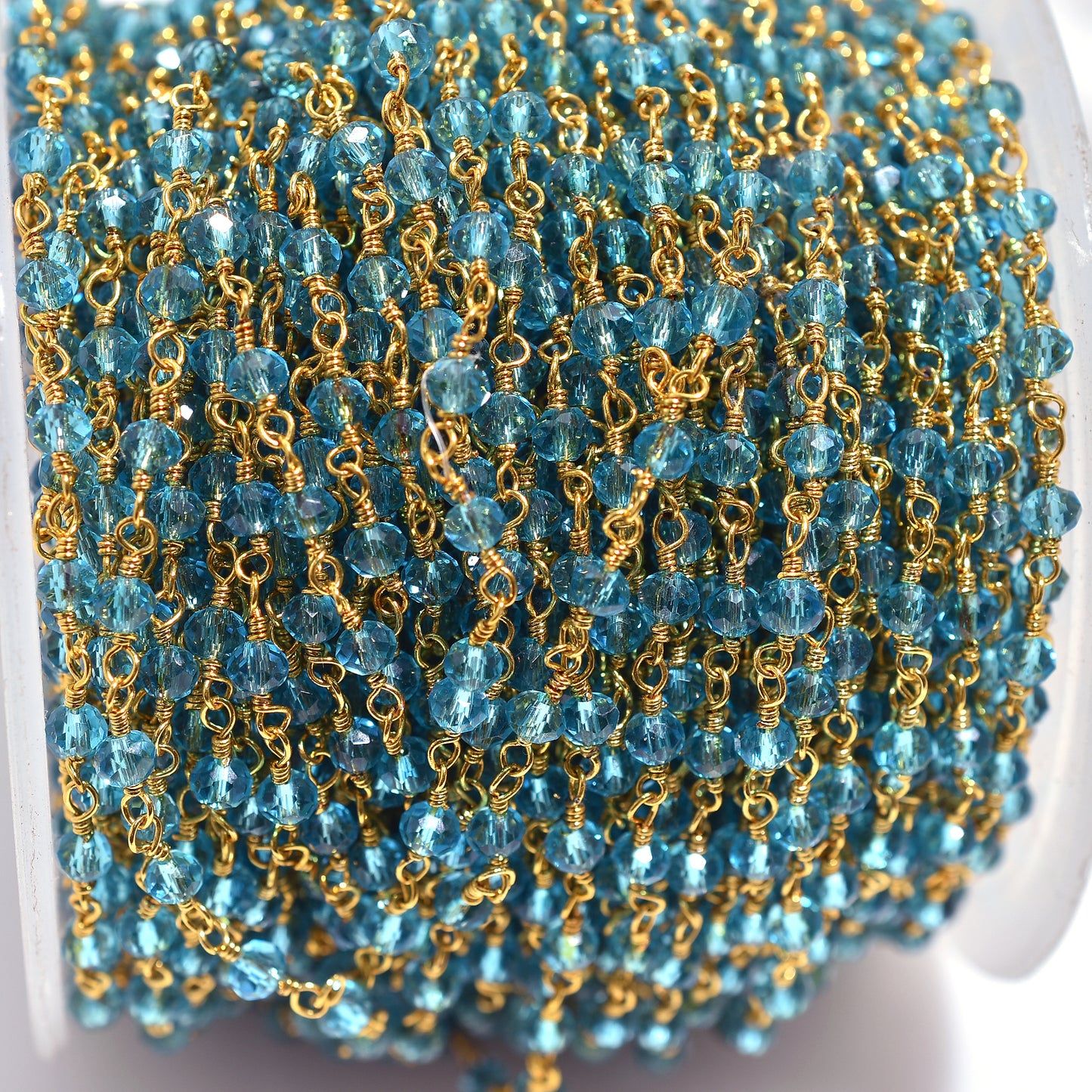 Handmade Blue Topaz Hydro Rondelle Rosary Chain Gold Plated Wire Wrapped Beaded Chain For Stone Jewelry