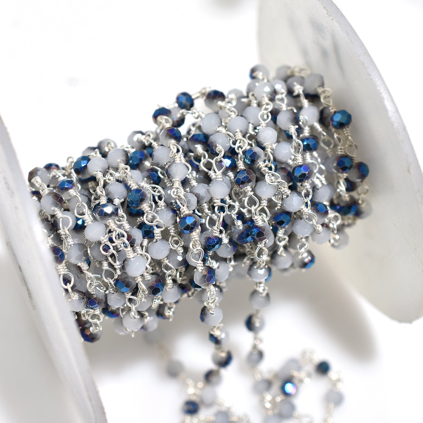 Attractive Chalcedony Mystic Finish Rosary - Silver Coated Beads Chain Lot for Handmade Jewelry