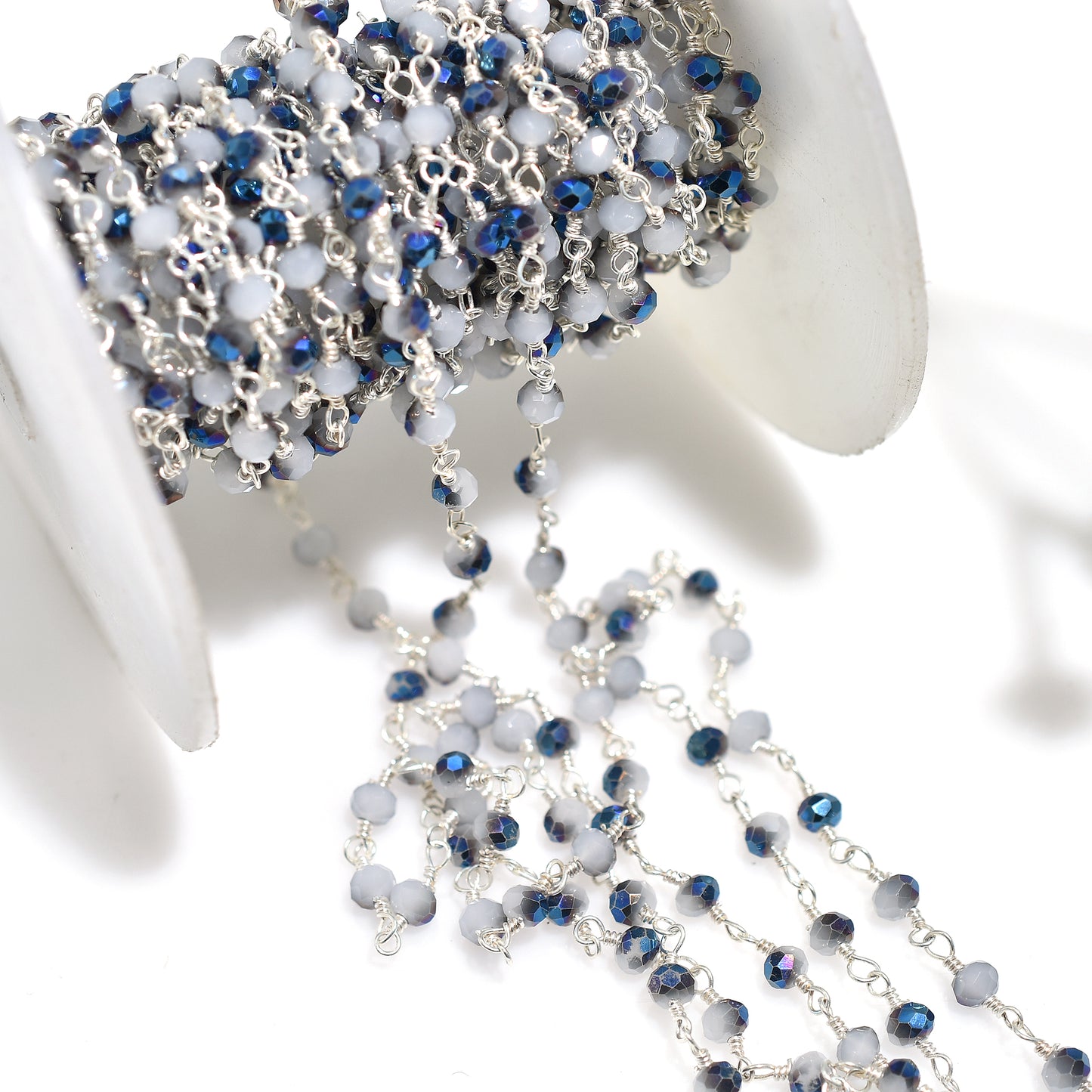 Attractive Chalcedony Mystic Finish Rosary - Silver Coated Beads Chain Lot for Handmade Jewelry