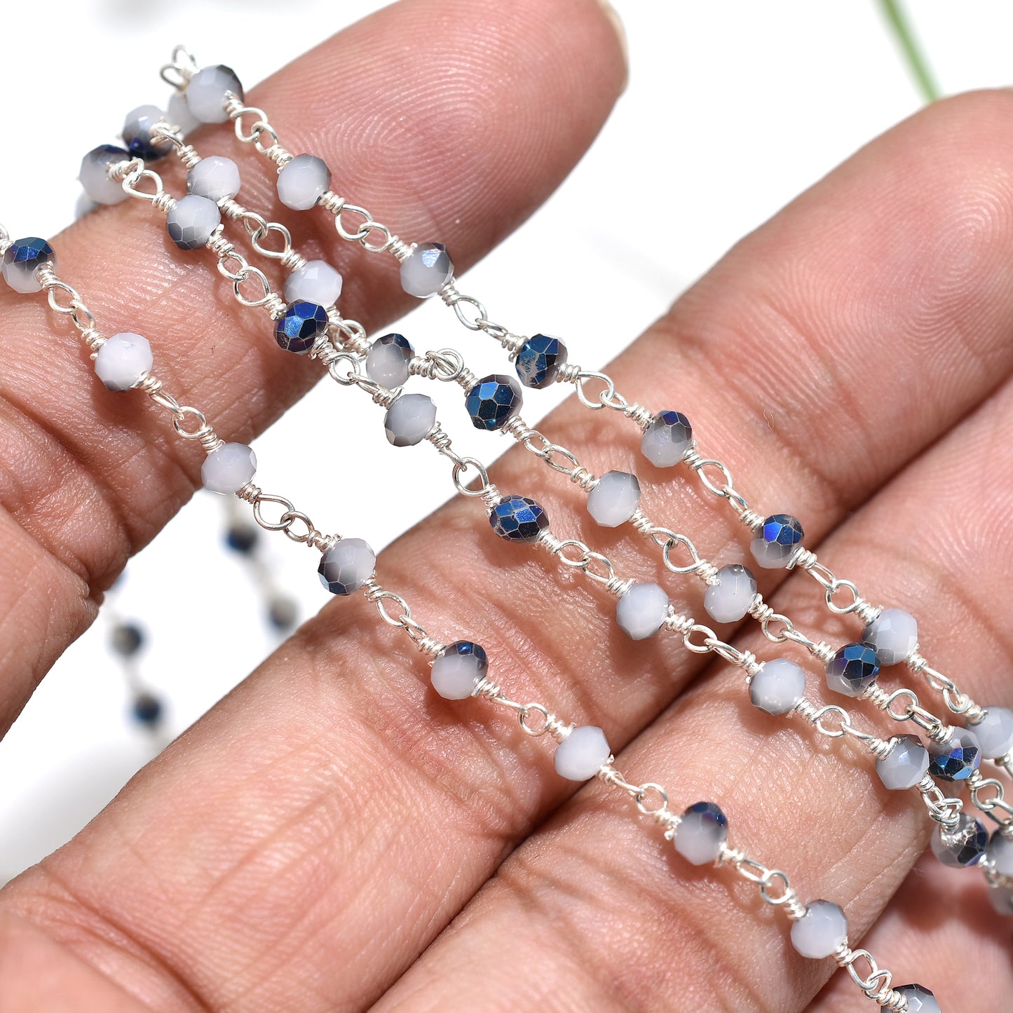 Attractive Chalcedony Mystic Finish Rosary - Silver Coated Beads Chain Lot for Handmade Jewelry