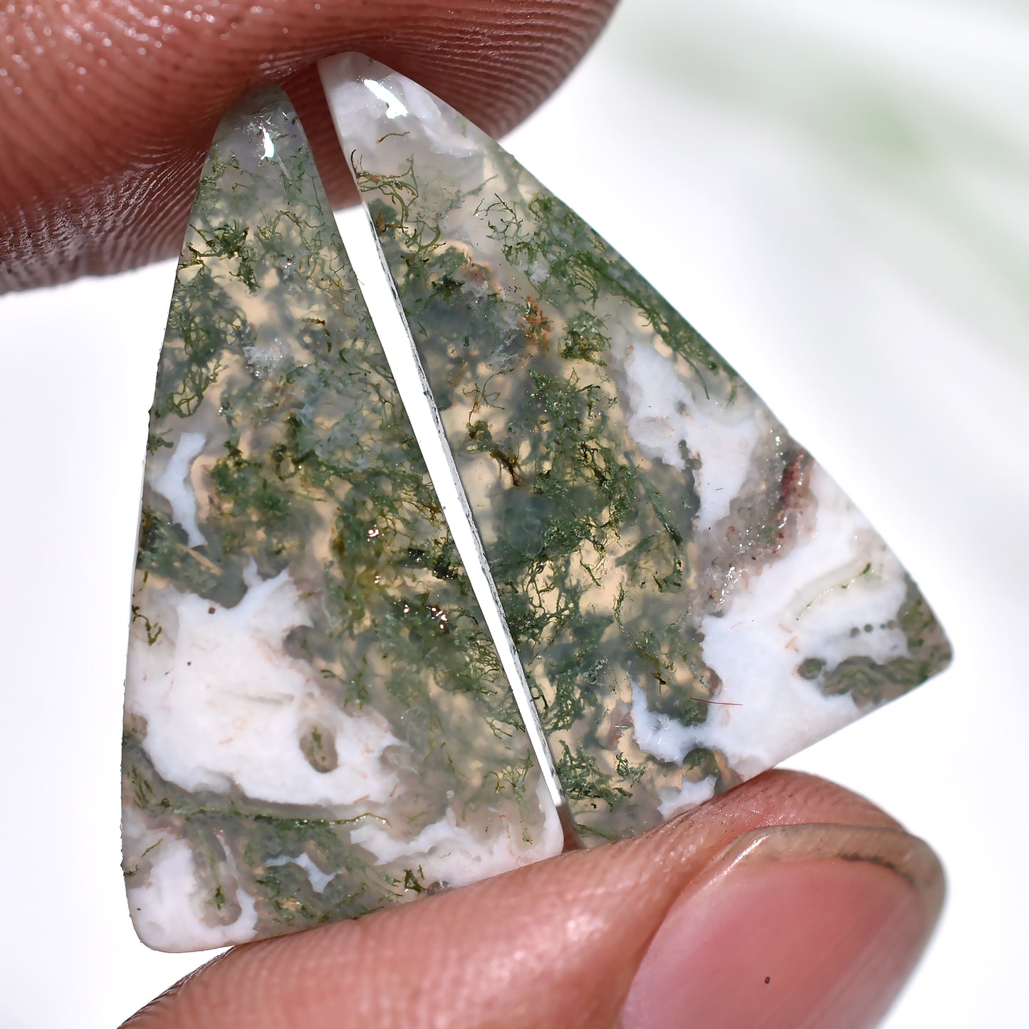 Exquisite Moss Agate Matching Pair – Natural Green Inclusions Gemstone for Artisan Jewelry (13x27x3mm,/19ct)