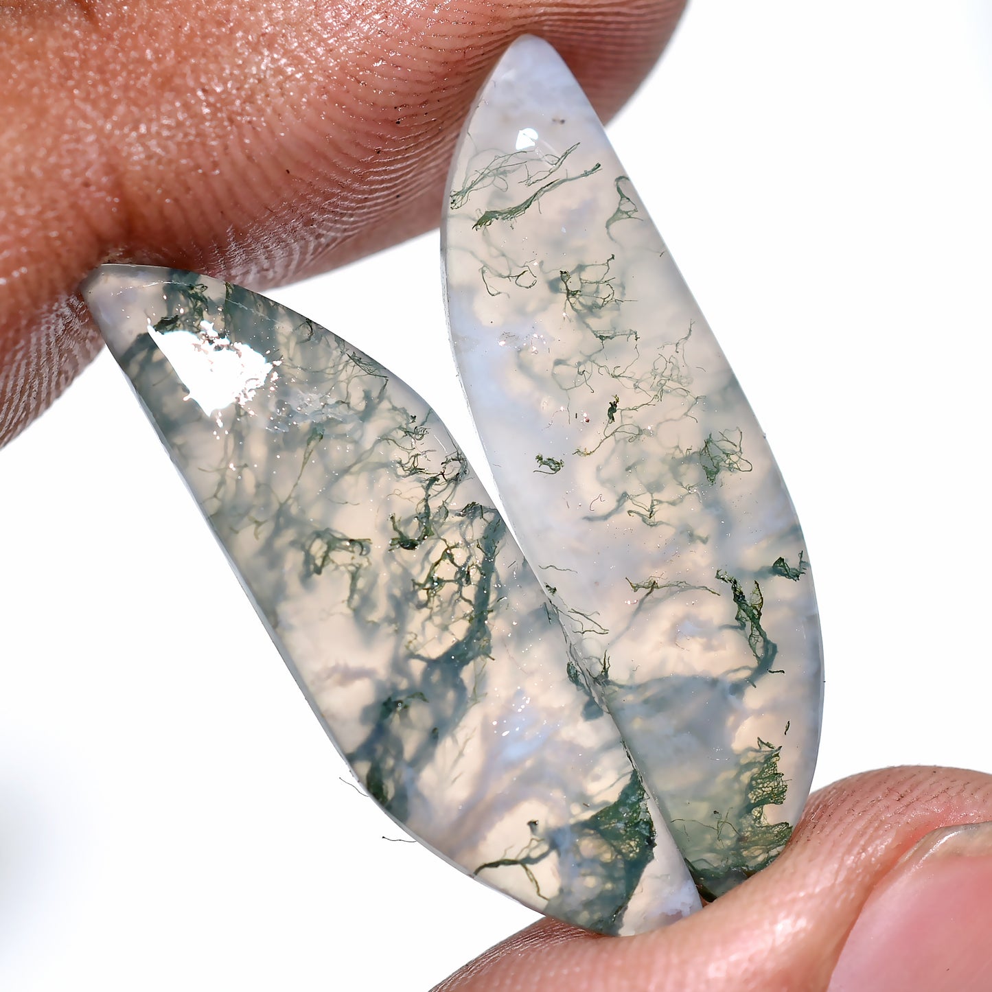 Artful Moss Agate Crystal Pair – Natural Earth-Toned Gemstones for Jewelry (13x33x3mm,/20ct)