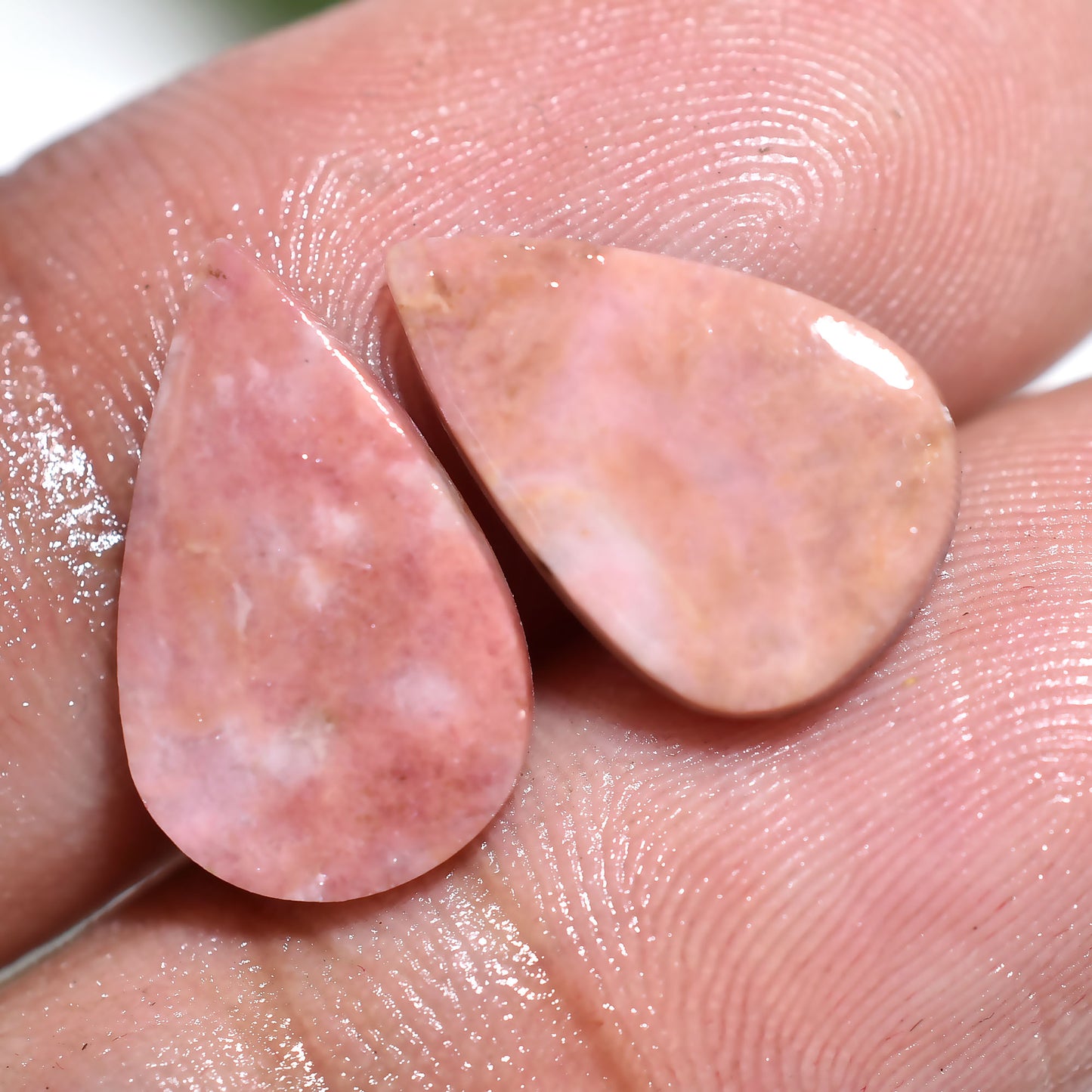 Natural Rhodochrosite Pear Pair – Smooth Pink Crystal Cabochons (8x13x2mm,/8ct)