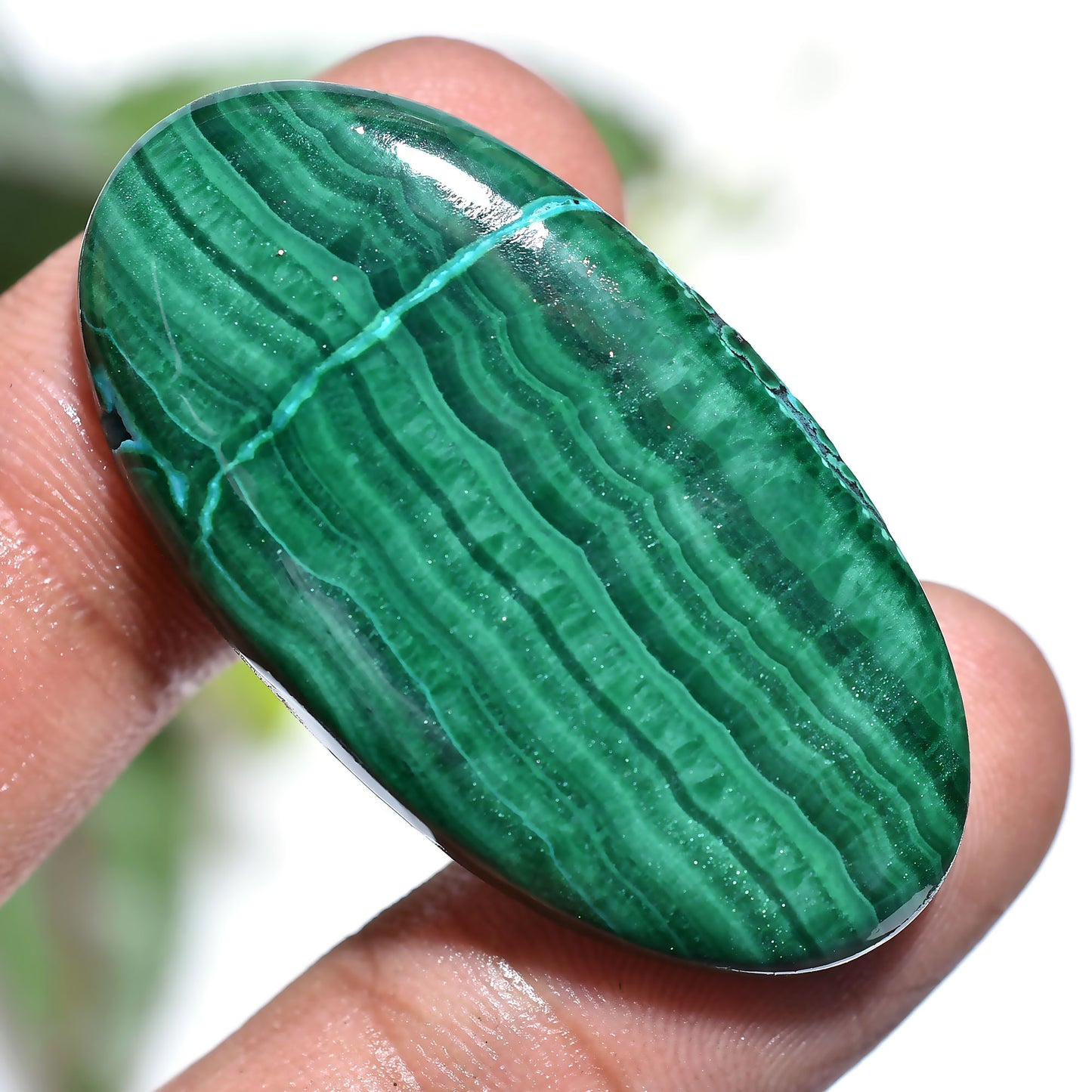 Green Banded Azurite Malachite Cabochon - Natural Oval Shaped Smooth Gemstone For Electroplate Jewelry(20x40x3mm,/62ct)