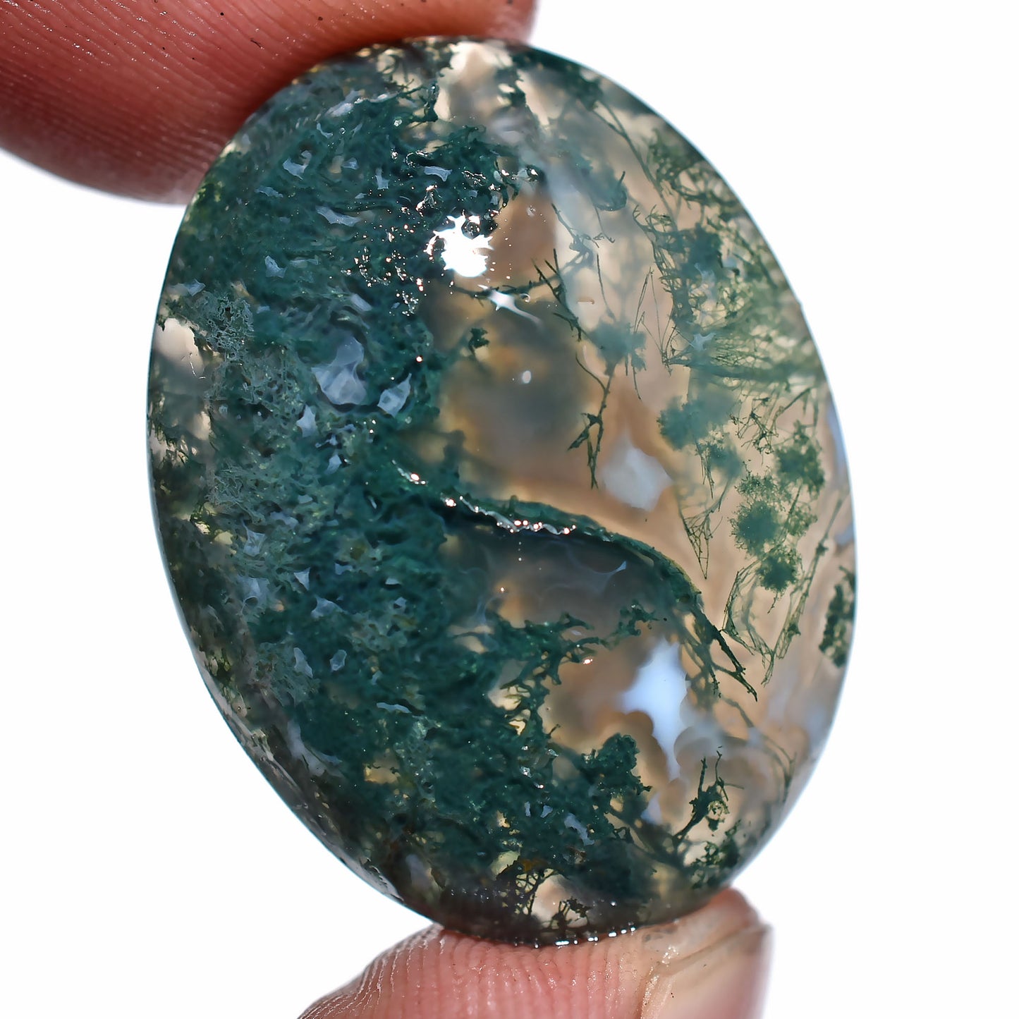 Natural Moss Agate Cabochon – Oval Shaped Green Gemstone for Jewelry (20x27x3mm,/30ct)