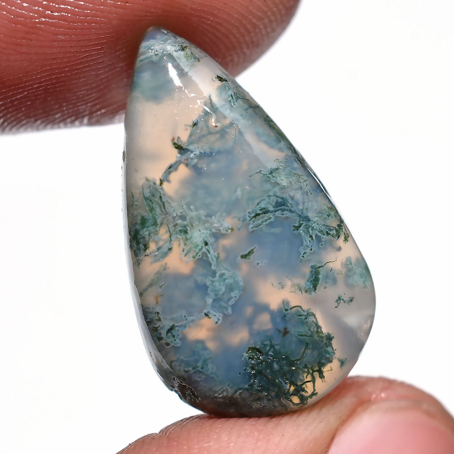 Pear Shape Moss Agate Cabochon – Natural Green Translucent Gemstone