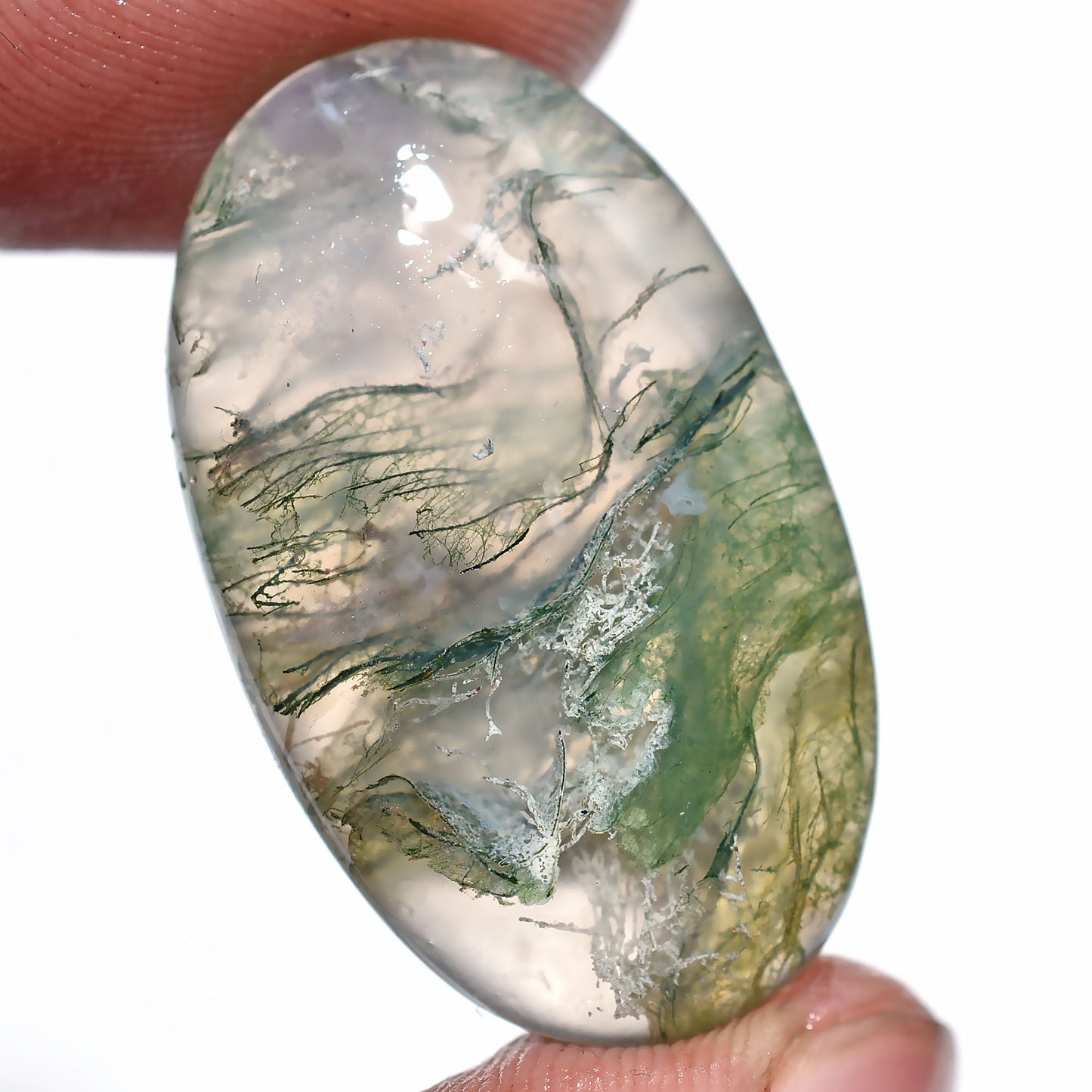 Green Moss Agate Cabochon – Oval Shaped Natural Gemstone for Jewelry (17x29x2mm,/22ct)