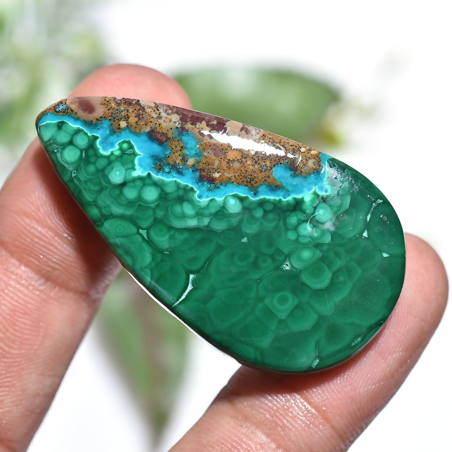 Designer Malachite Azurite Cabochon – Teardrop Shaped Green Blue Gemstone (24x45x4mm,/60ct)