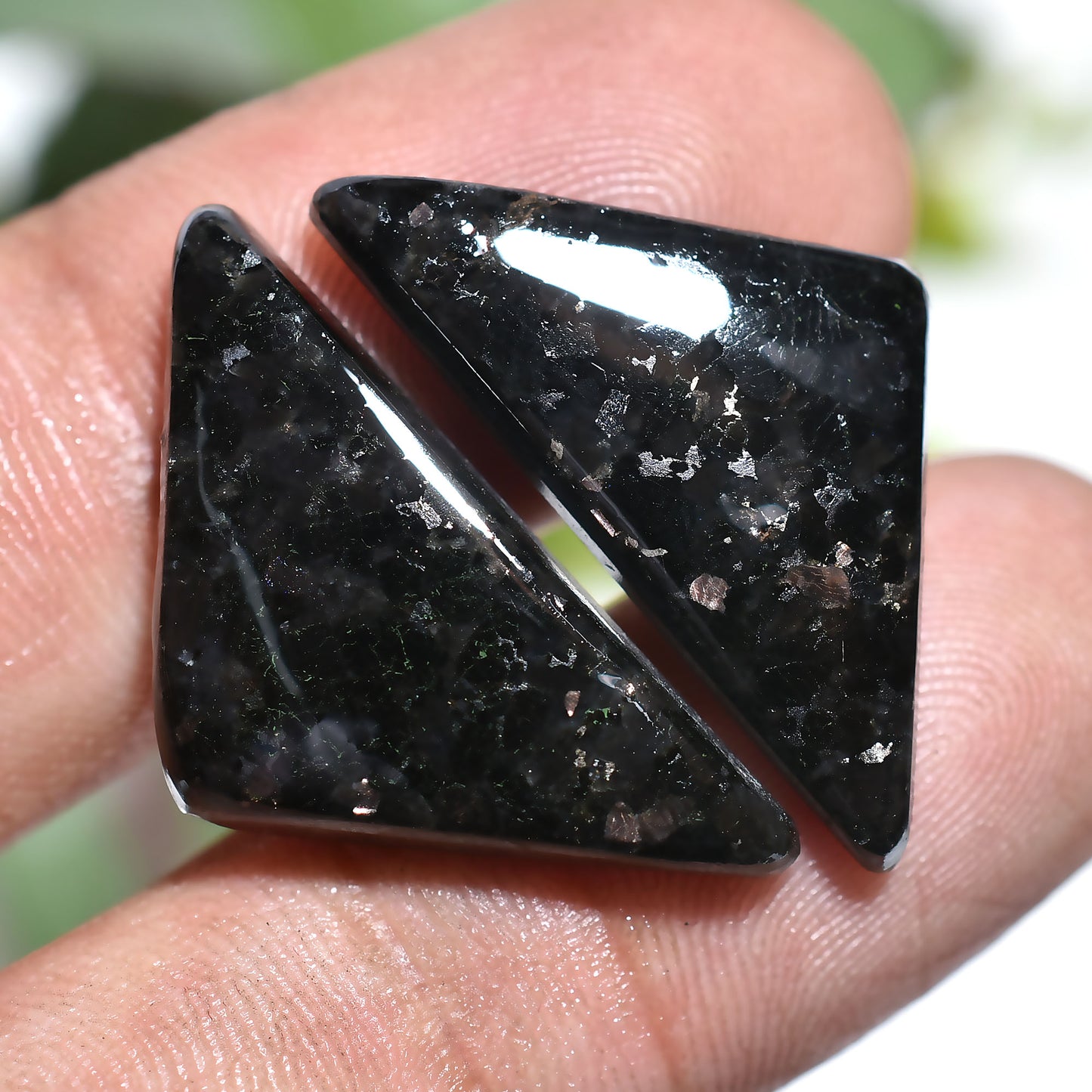 Natural Nuummite Gemstone Pair – Fancy Shape Cabochons with Golden Flash (12x26x3mm,/24ct)