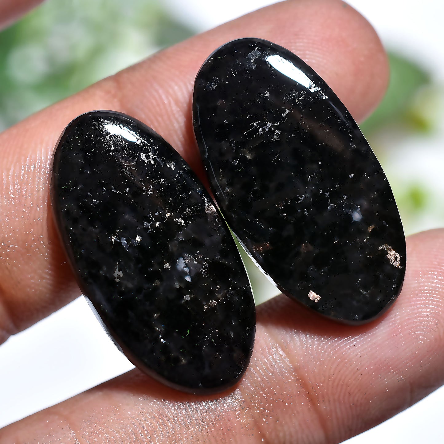 Golden Nuummite Oval Gemstone Pair – Black Shimmering Natural Cabochons Set (15x30x2mm,/43ct)