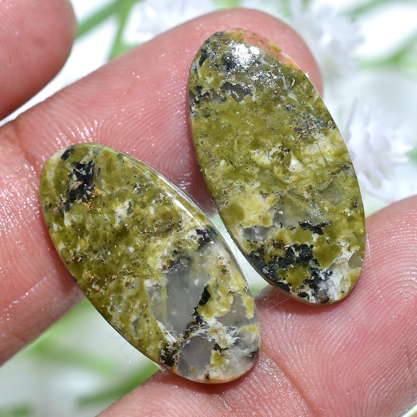 Natural Unakite Pair Cabochons, Smooth Flat Back Gemstones for Earrings