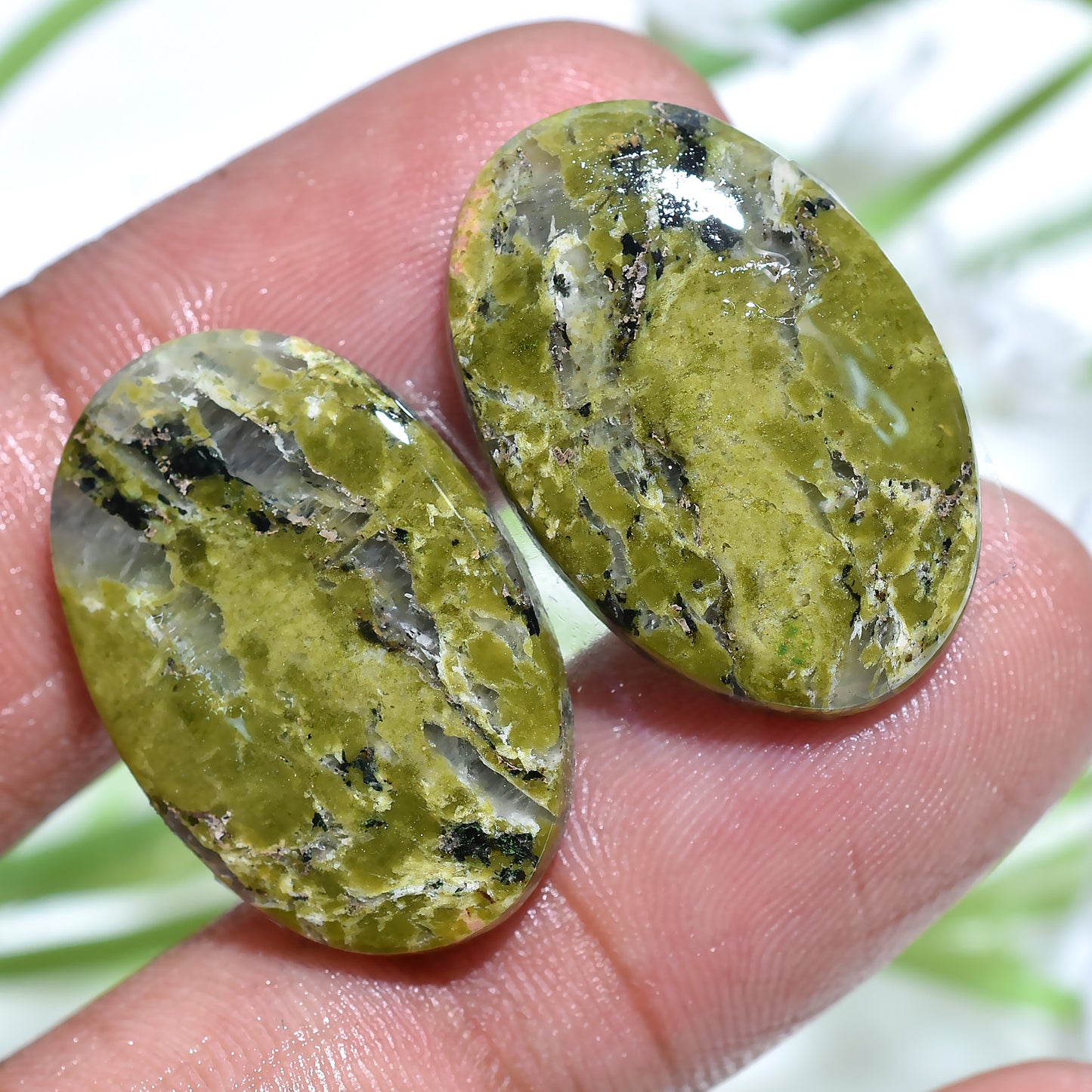 Natural Unakite Pair Cabochons, Smooth Flat Back Gemstones for Earrings
