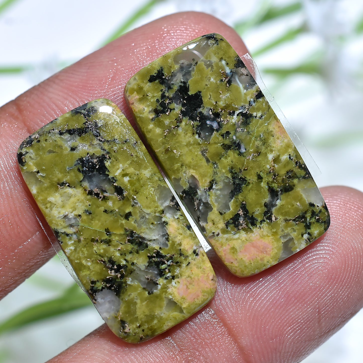 Natural Unakite Pair Cabochons, Smooth Flat Back Gemstones for Earrings