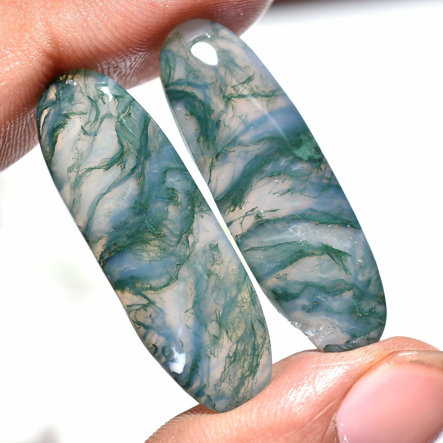 Exquisite Moss Agate Gemstone Pair – Polished Natural Green Crystals