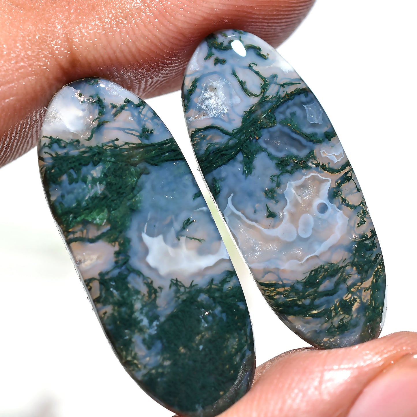 AAA Quality Moss Agate Cabochons Pair – Green Oval Gemstones for Jewelry Making