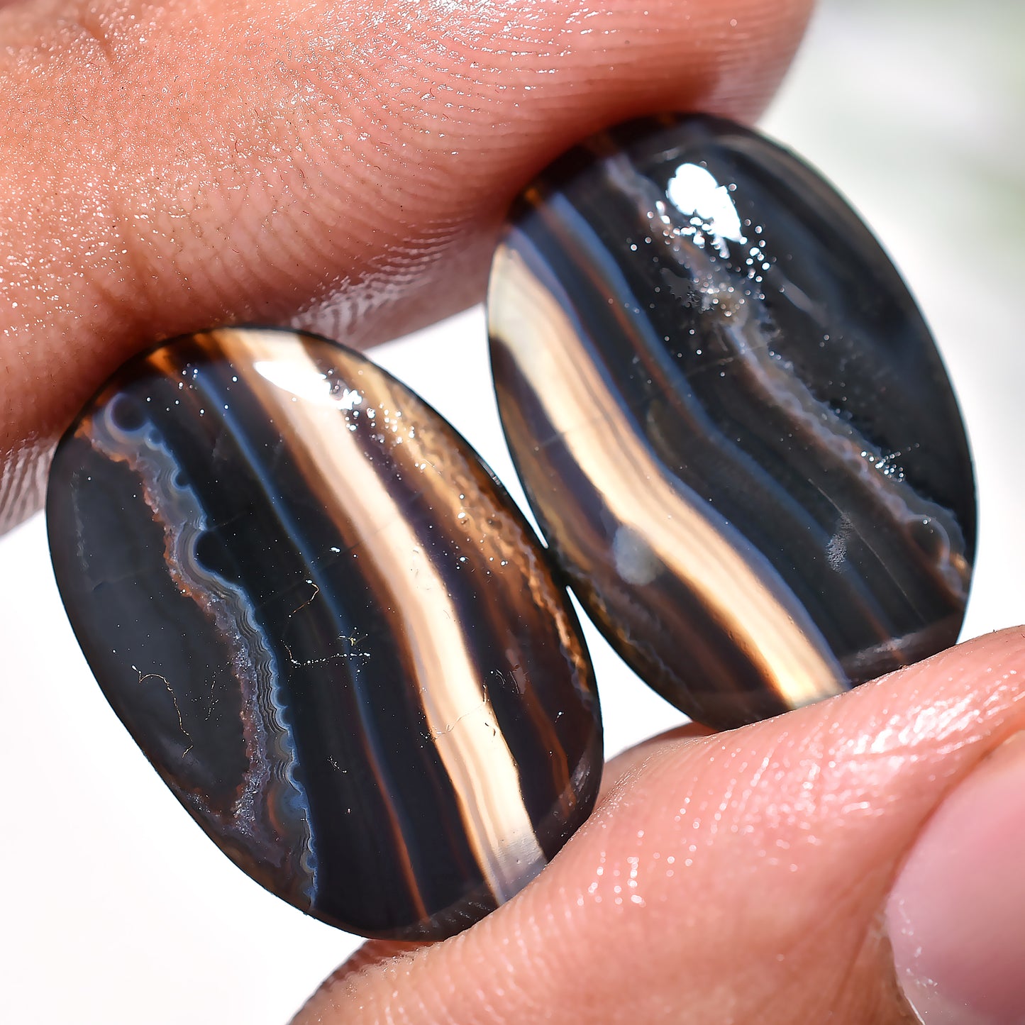 Striking Black Banded Agate Fancy Matched Gemstone Pair For Statement Earrings