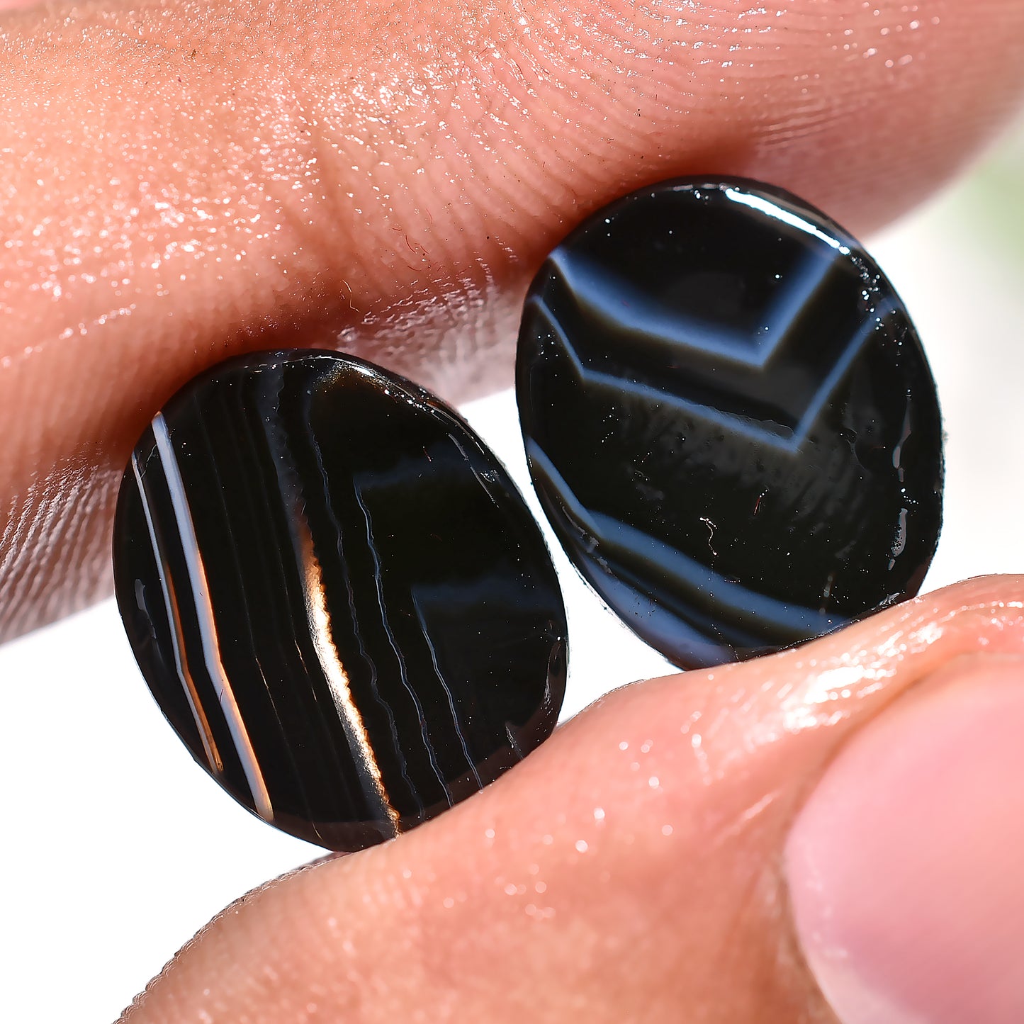 Striking Black Banded Agate Fancy Matched Gemstone Pair For Statement Earrings