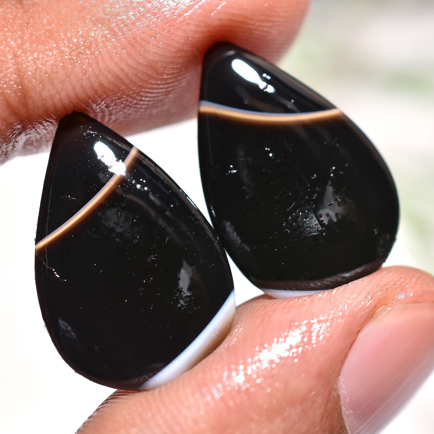 Striking Black Banded Agate Fancy Matched Gemstone Pair For Statement Earrings