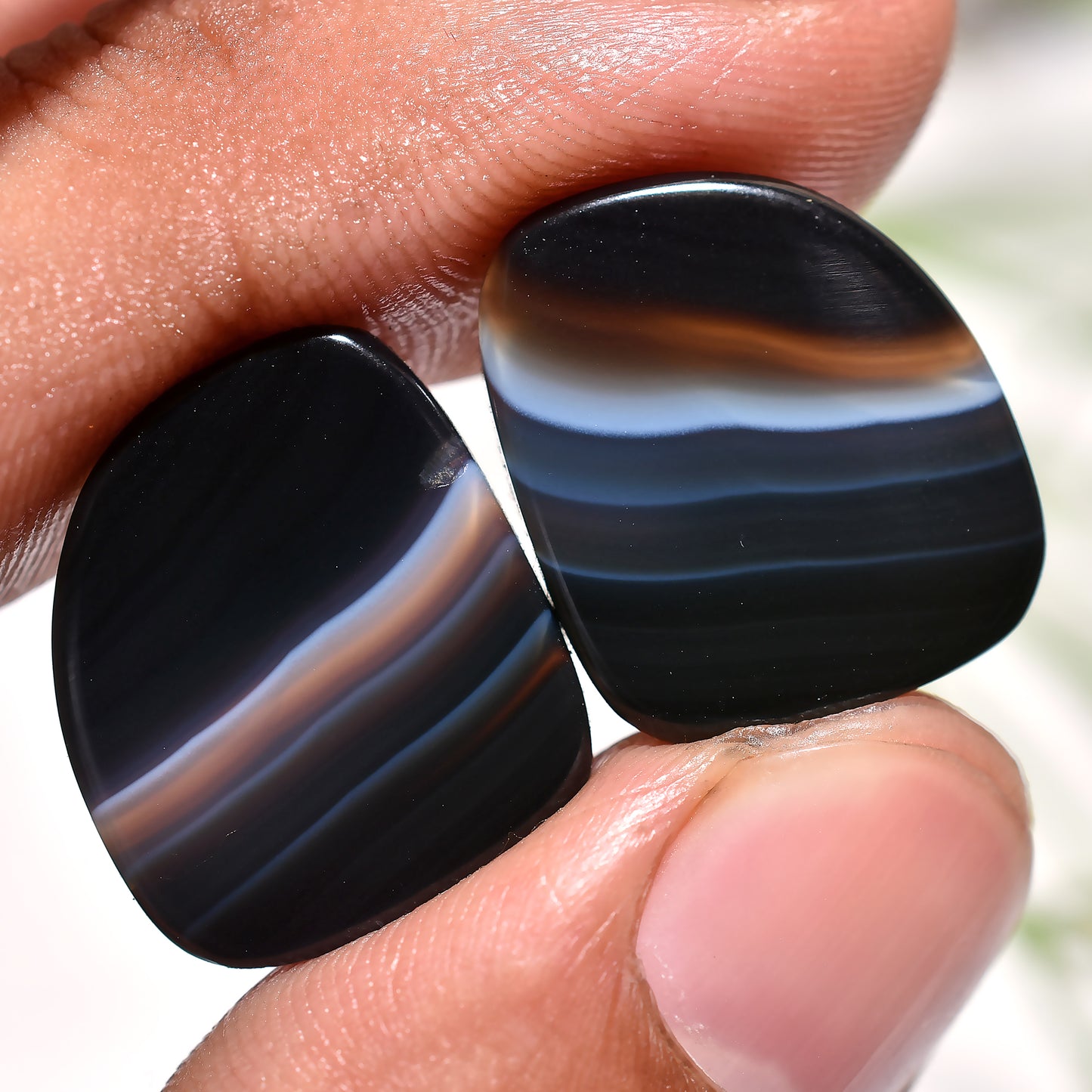 Striking Black Banded Agate Fancy Matched Gemstone Pair For Statement Earrings