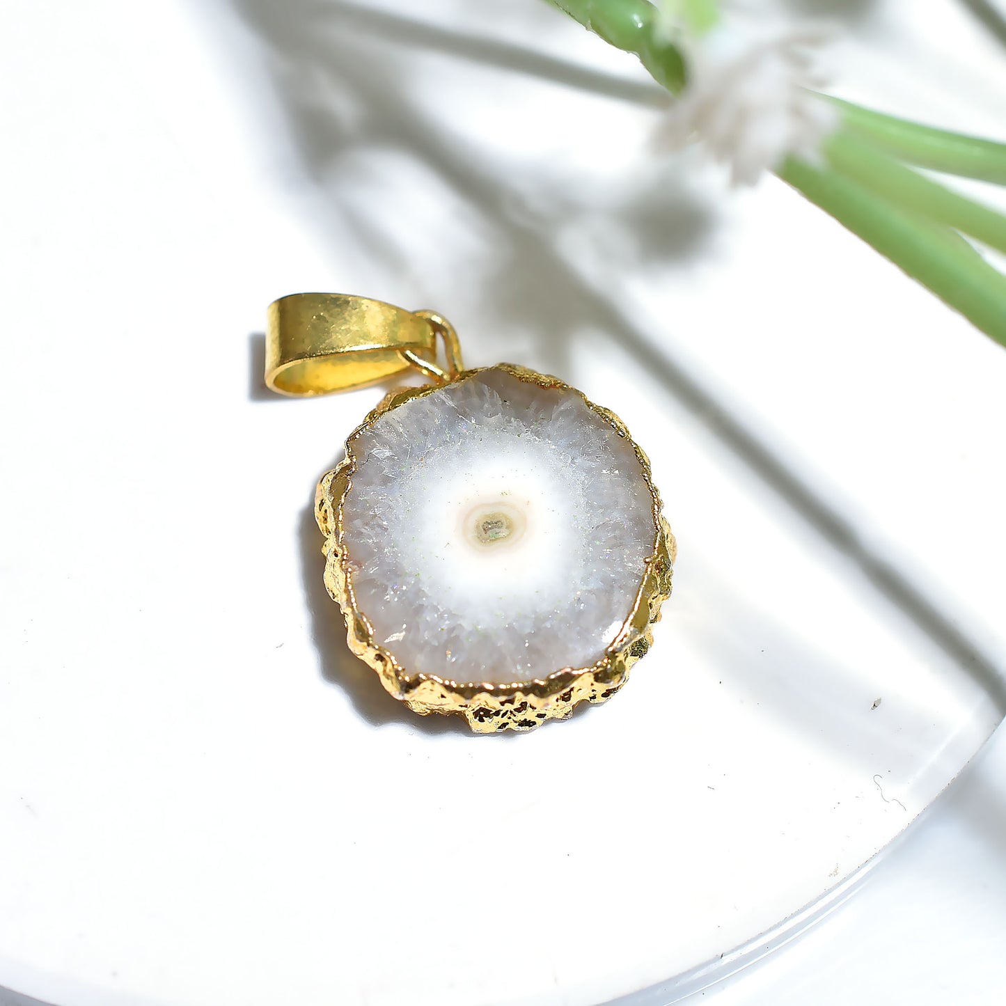 Sparkling White Solar Quartz Pendant, Wholesale Electroplated Stone Connector jewelry
