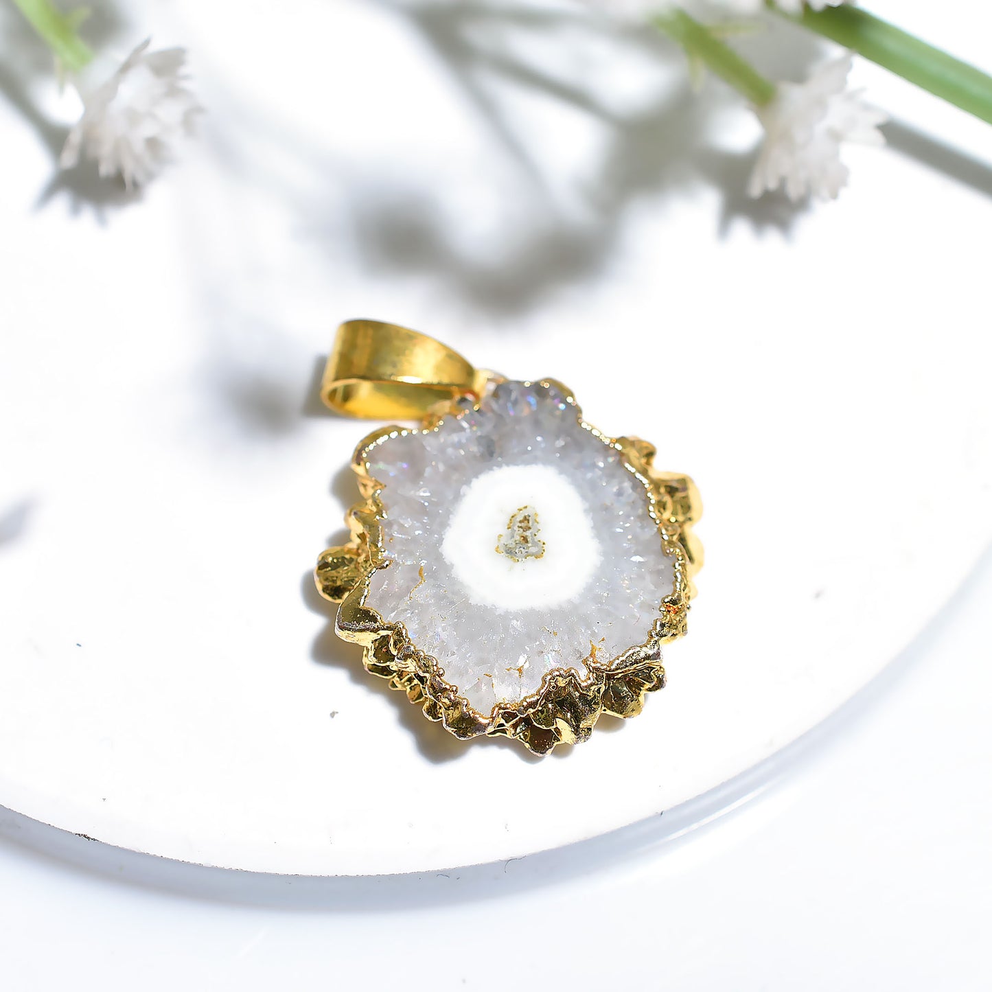 White Solar Quartz Pendant – Natural Crystal Shiny Gemstone for Necklace Making