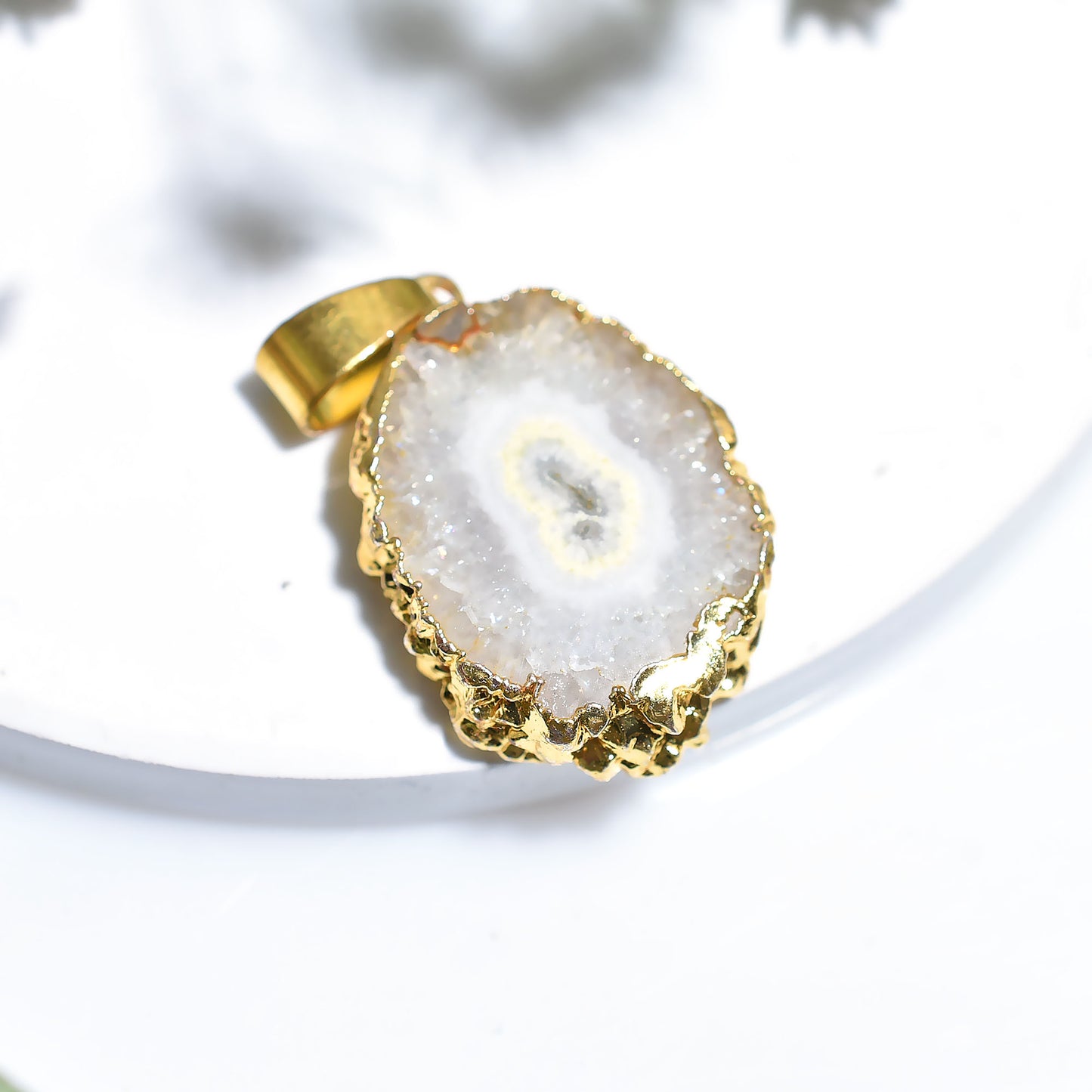 White Solar Quartz Gold Plated Pendant – Natural Crystal Shiny Gemstone Locket
