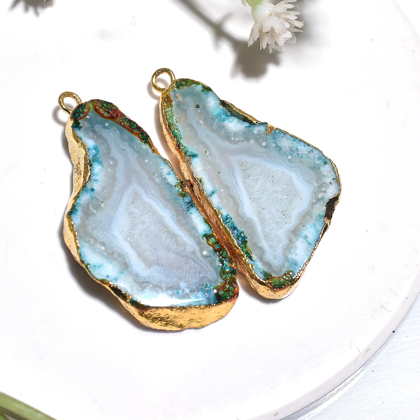 Aqua Blue Solar Quartz Cabochon Pair – Wholesale Golden Electroplated Jewelry Gemstones