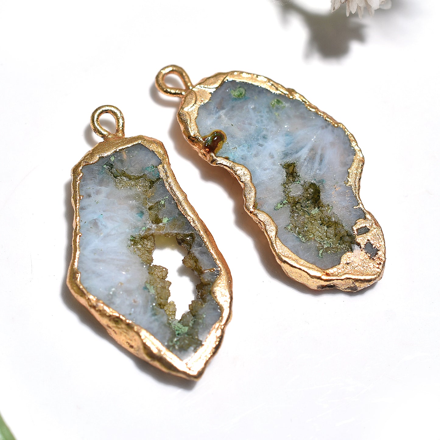 Handmade Sparkling Solar Quartz Pair – Golden Electroplated Druzy Gemstones for Crafts