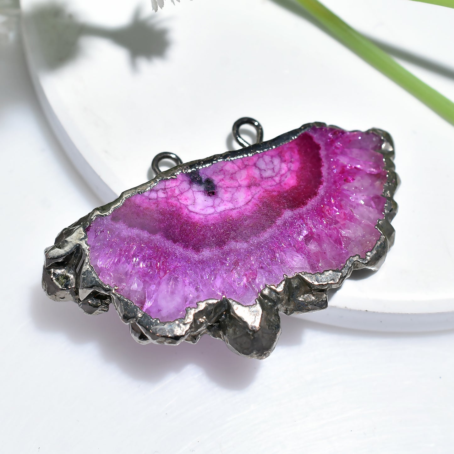 Solar Quartz Pendant Slice – Black Electroplated Crystal Gemstone for Jewelry