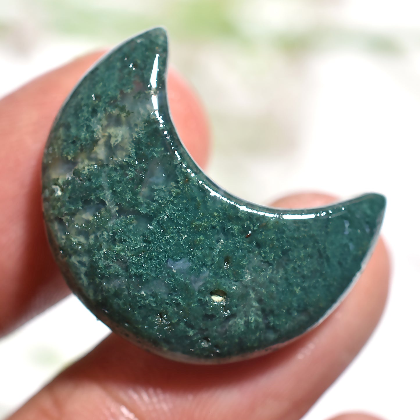 Natural Green Moss Agate Crescent Cabochons – Polished Druzy Half Moon Gemstones
