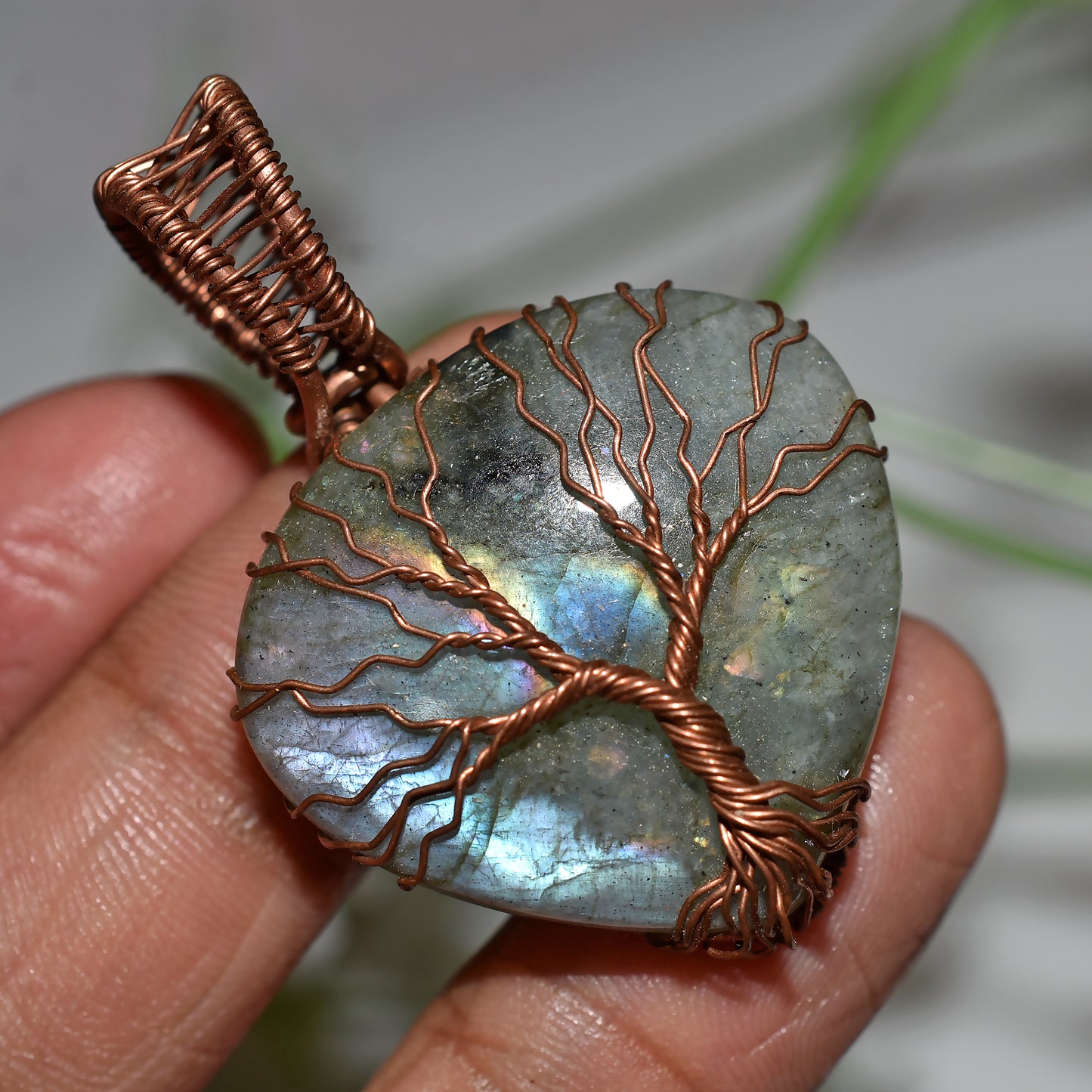 Stunning Labradorite Flashy Cabochon – Copper Wire Wrapped Healing Gemstone (33x45x4mm,/58ct)