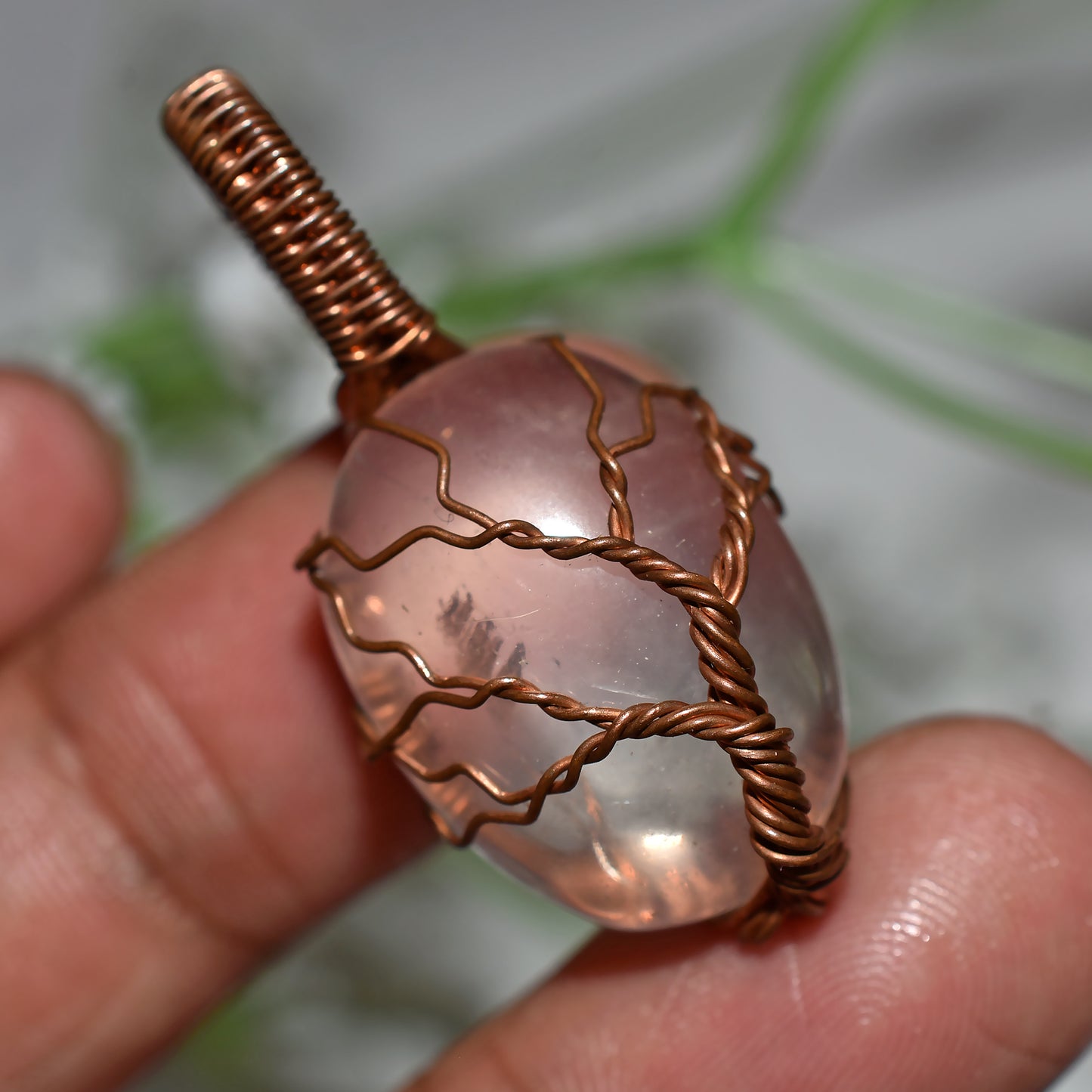 Attractive Rose Quartz Gemstone – Handcarfted Copper Wire Wrapped Necklace(16x38x5mm,/41ct)