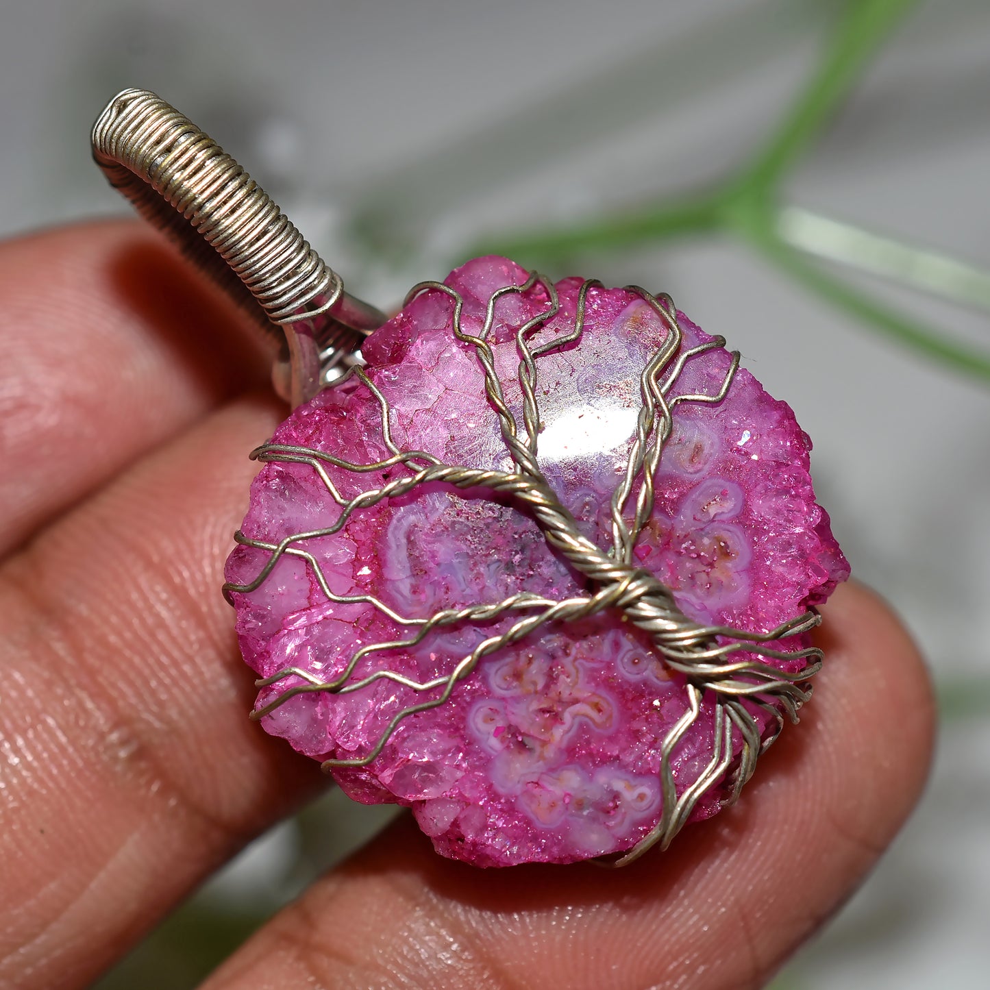 Sparkling Pink Solar Quartz Gemstone – Silver Wire Wrapped Pendant Jewelry(23x37x4mm,/40ct)
