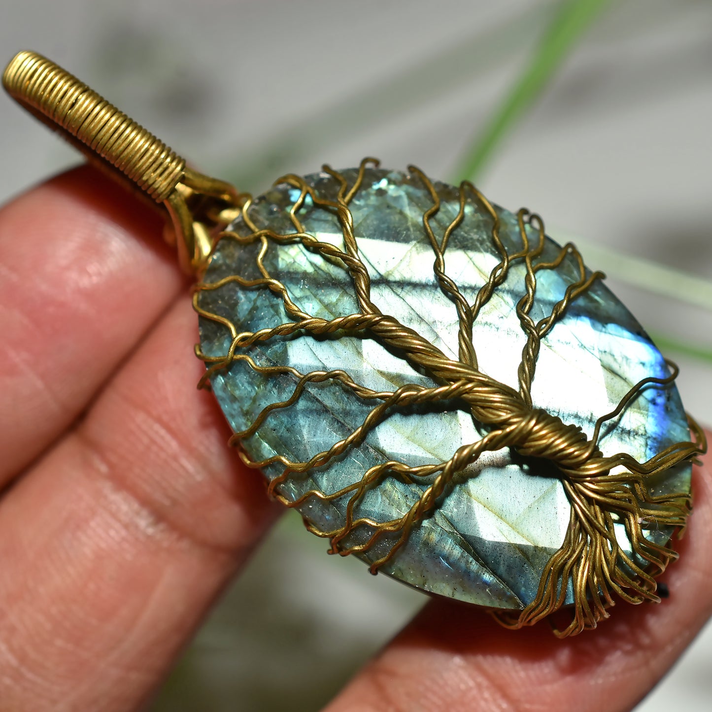 Tree of Life Wire Wrapped Faceted Labradorite Necklace – Handmade Gemstone Pendant (27x57x5mm,/78ct)