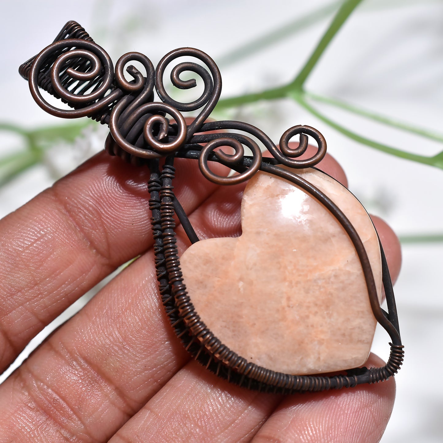 Artisan Copper Wire Wrapped Heart Pendant – Peach Moonstone Romance Necklace(32x71x10mm,/109ct)