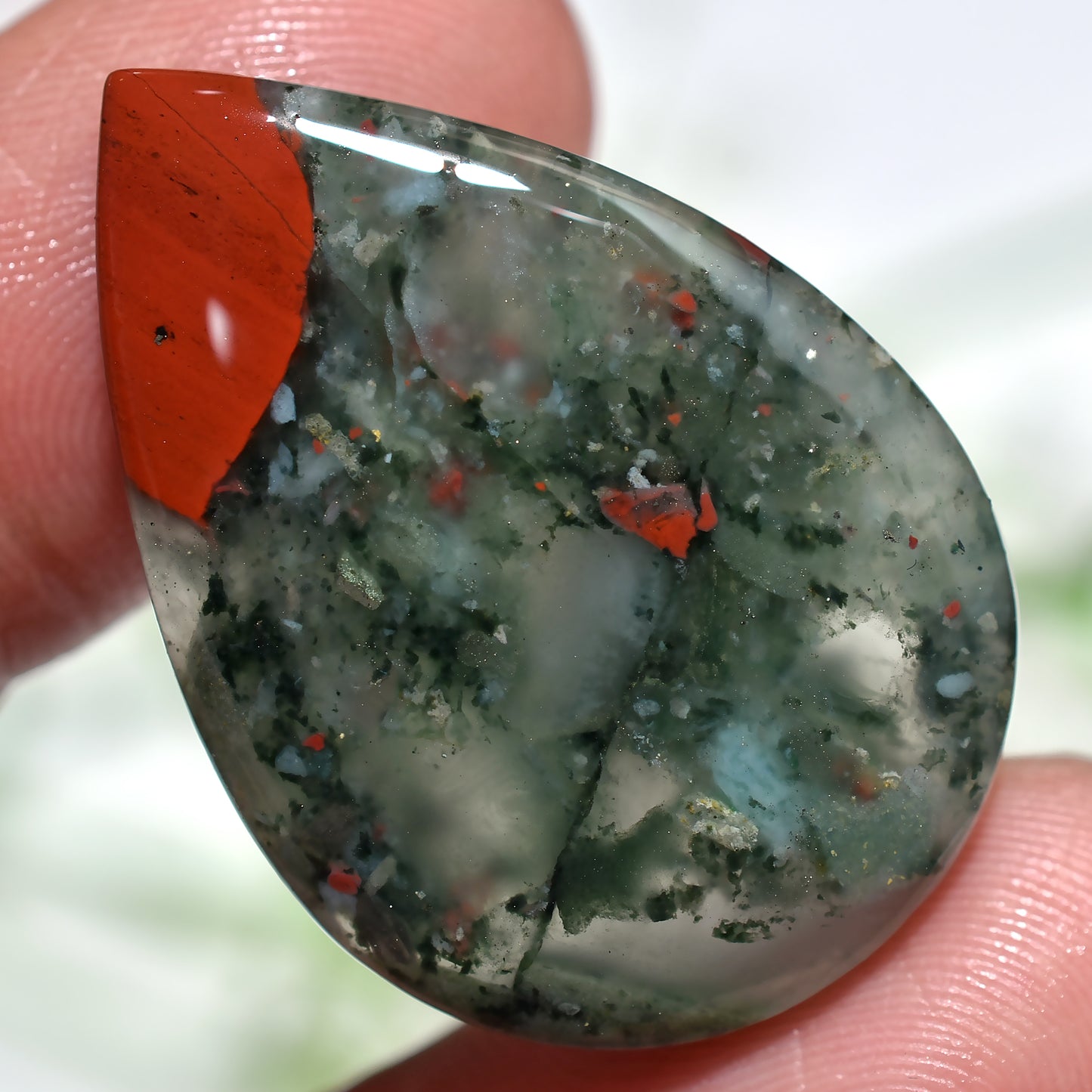 Natural Moss Agate Teardrop Cabochon with Red Jasper Polished Loose Gemstone (24x35x3mm,/32ct)