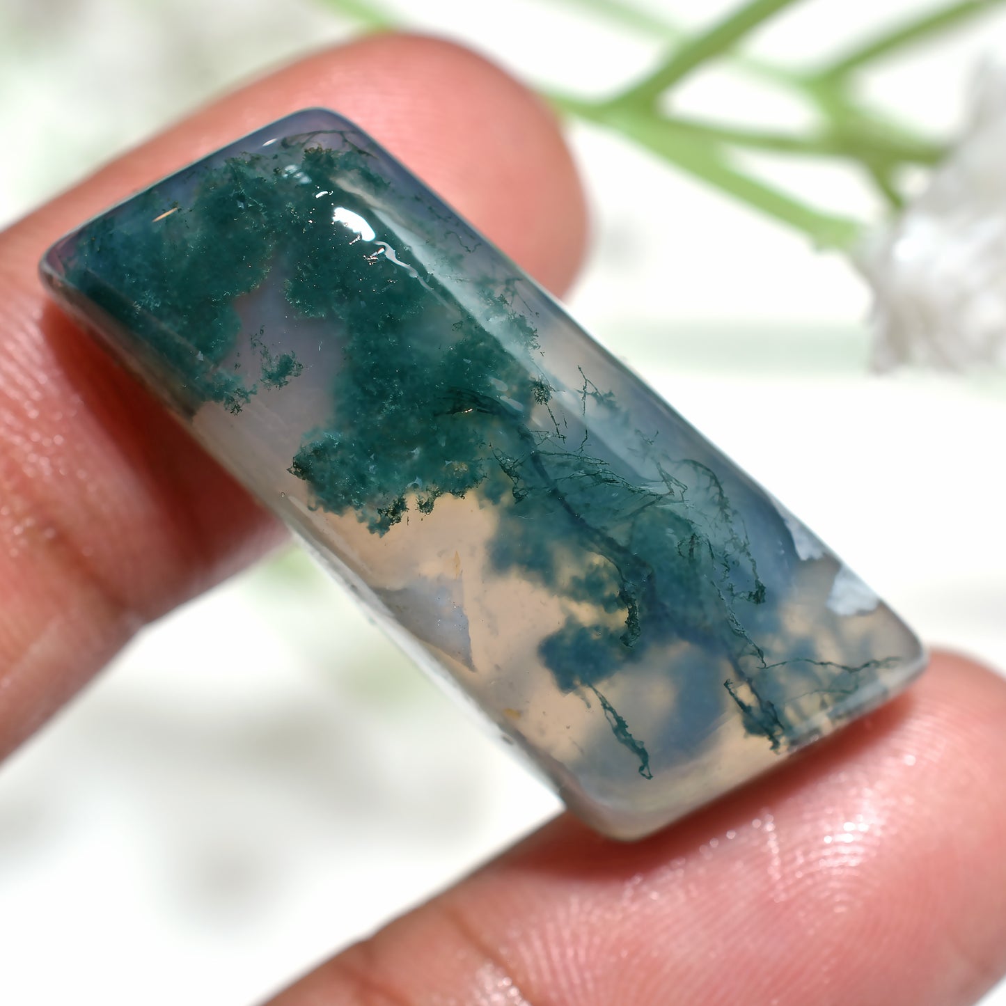 Moss Agate Loose Cabochon, Natural Smooth Polished Stone (15x34x7mm,/42ct)