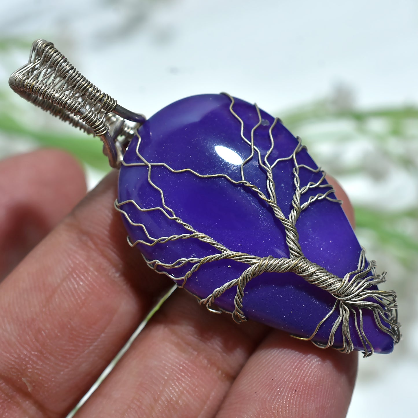 Attractive Dark Purple Agate Gemstone Silver Wire Wrapped Pendant For Gifts(20x60x5mm,/62ct)