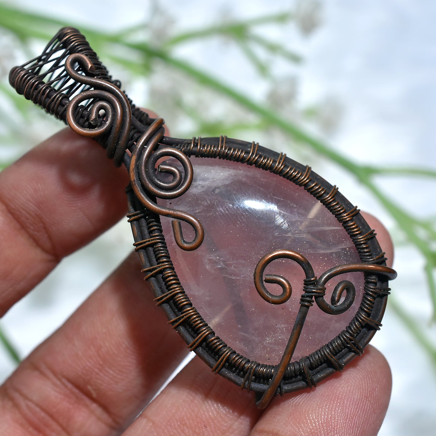 Unique Rose Quartz Gemstone Pendant – Oxidise Copper Wire Wrapped Cabochon(30x60x7mm,/119ct)