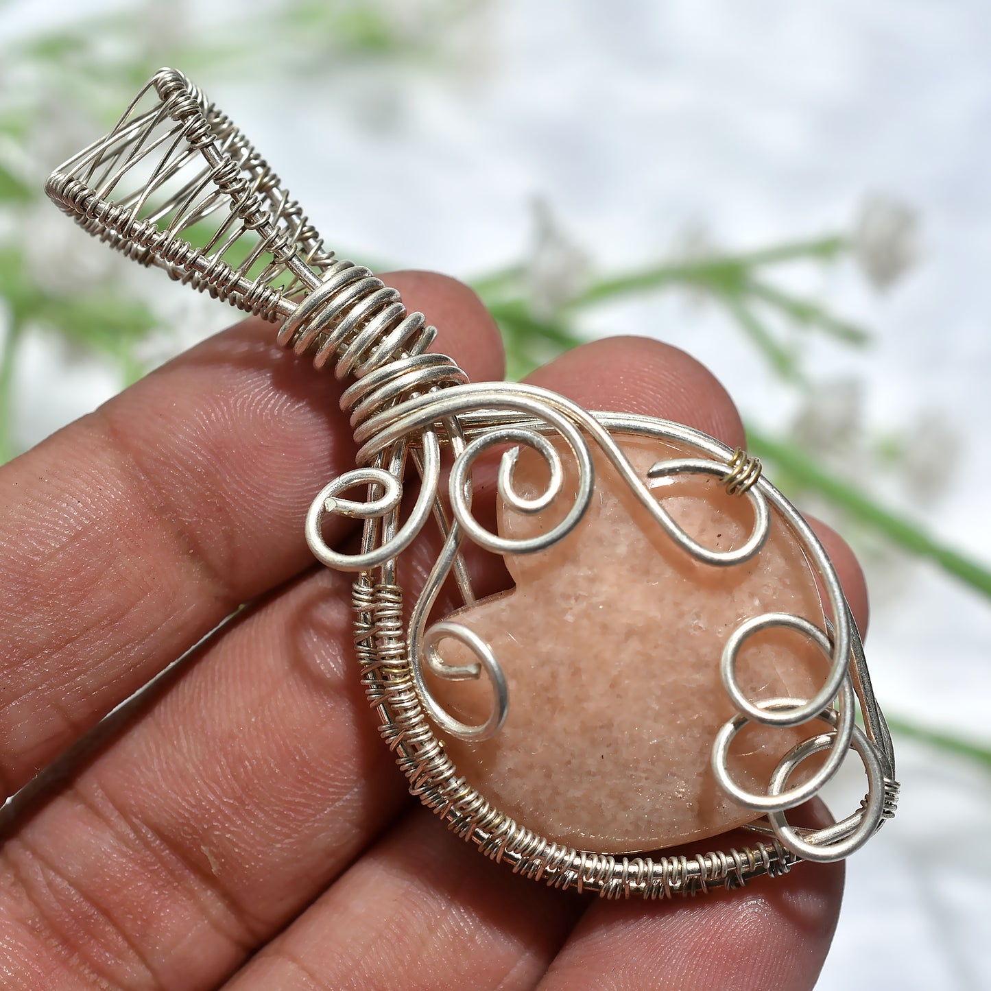 Romantic Peach Moonstone Heart Pendant– Handmade Silver Wire Wrapping Jewelry(28x65x8mm,/76ct)