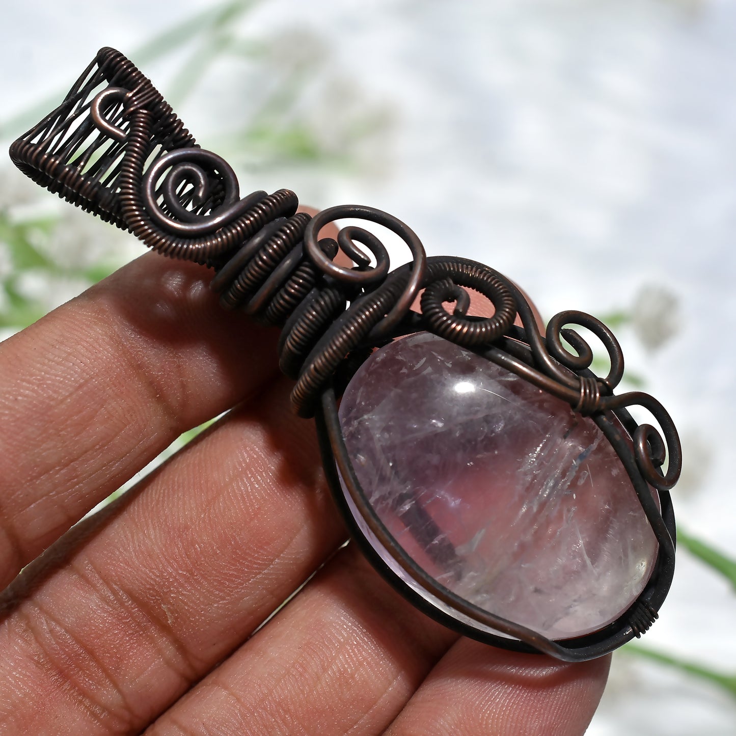 Beautiful Rose Quartz Tree Of Life Pendant-Oxidise Copper Wire Wrapped Gemstone Jewellery(22x70x10mm,/137ct)